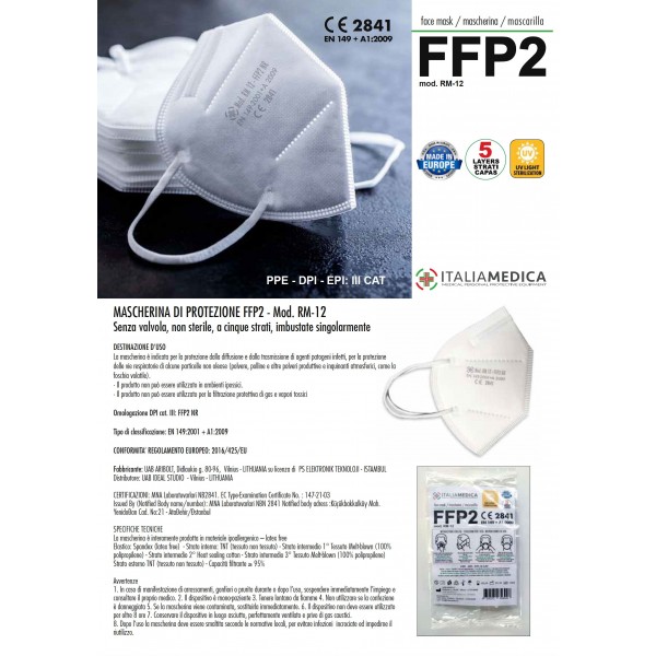 100 Italiamedica LILAC FFP2 PPE Masks CE2841 Certified Cat.III Made in EU